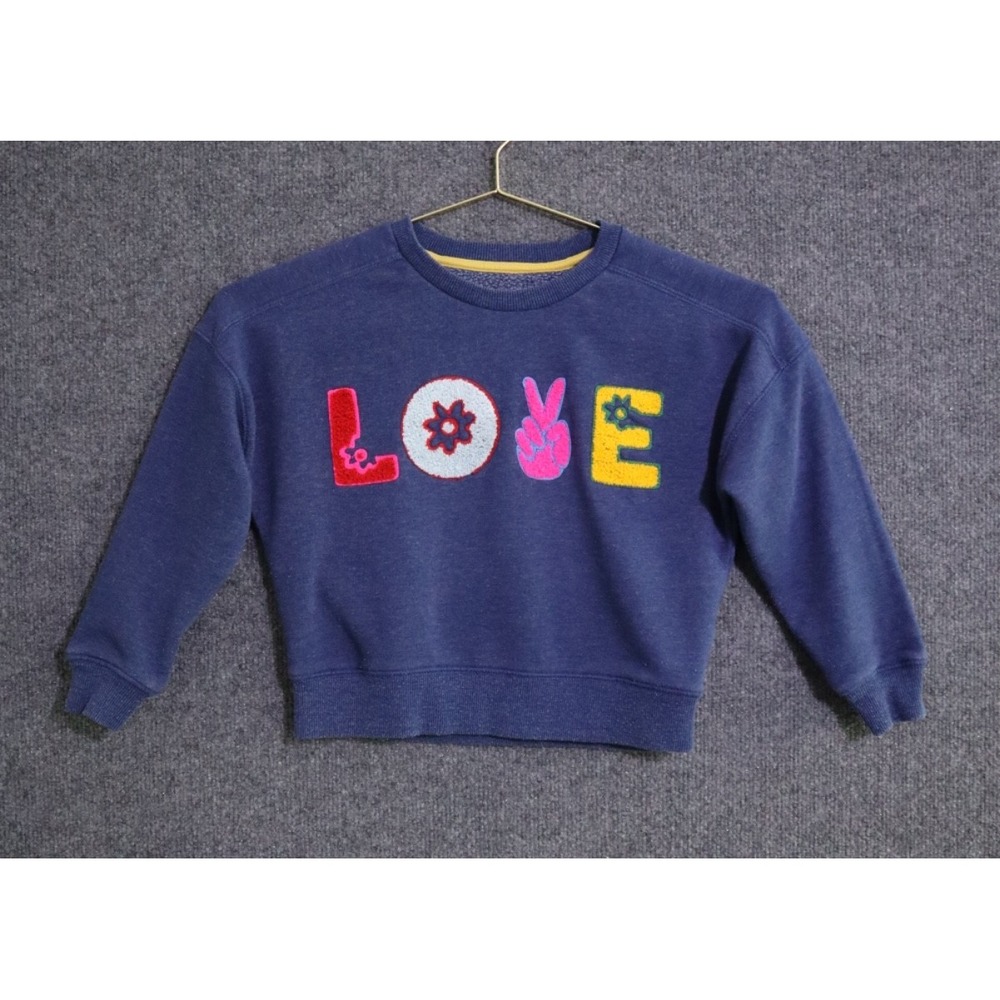 Mini Boden Sweater Girls 6-7Y Blue Embroidered LOVE PEACE Crew Neck Pullover EUC